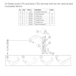 24 Series: knob (711) and lever (712) dummy trim for rim, vertical and concealed device
